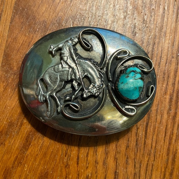 Vintage Other - Vintage Western Turquoise Nugget Cowboy Bucking Bronco Rodeo Belt Buckle